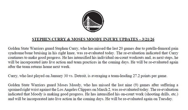 库里恢复训练特雷-杨赛季报销沃特森即将复出