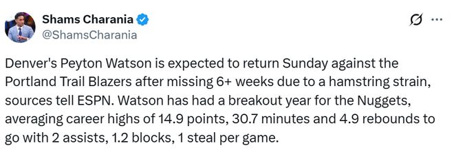 库里恢复训练特雷-杨赛季报销沃特森即将复出